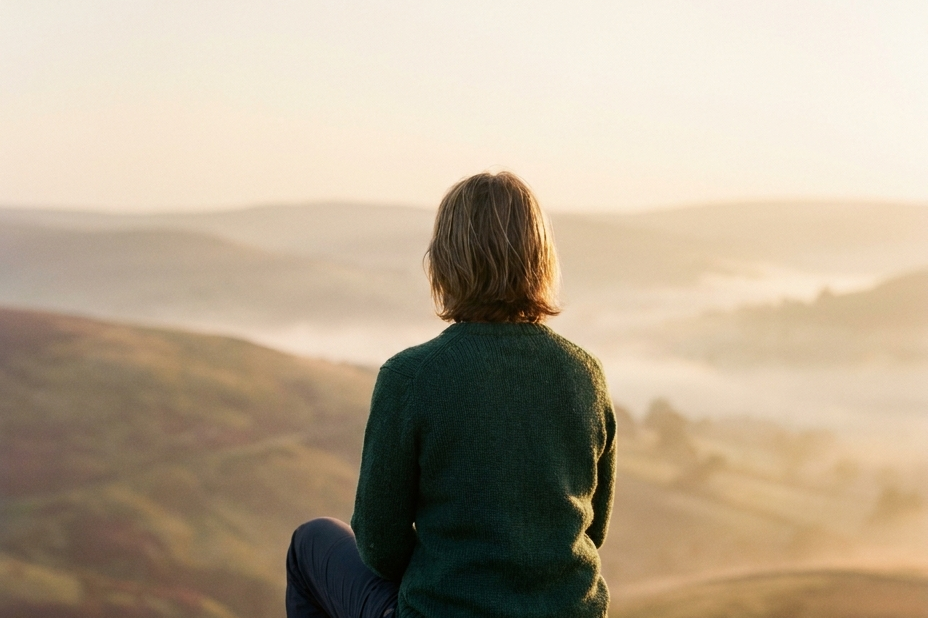 A woman looking out over misty countryside at sunrise