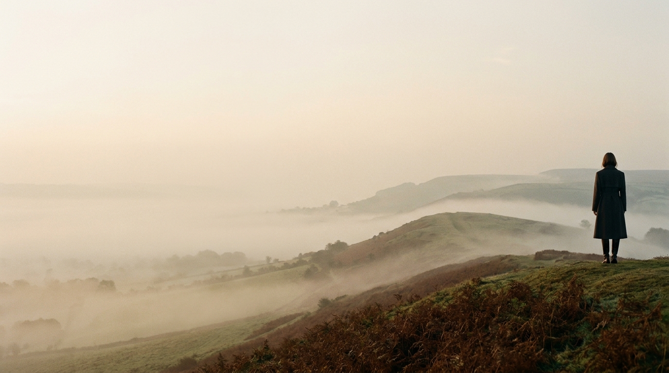 A woman standing on a misty Hampshire ridge at first light, looking out over the valley