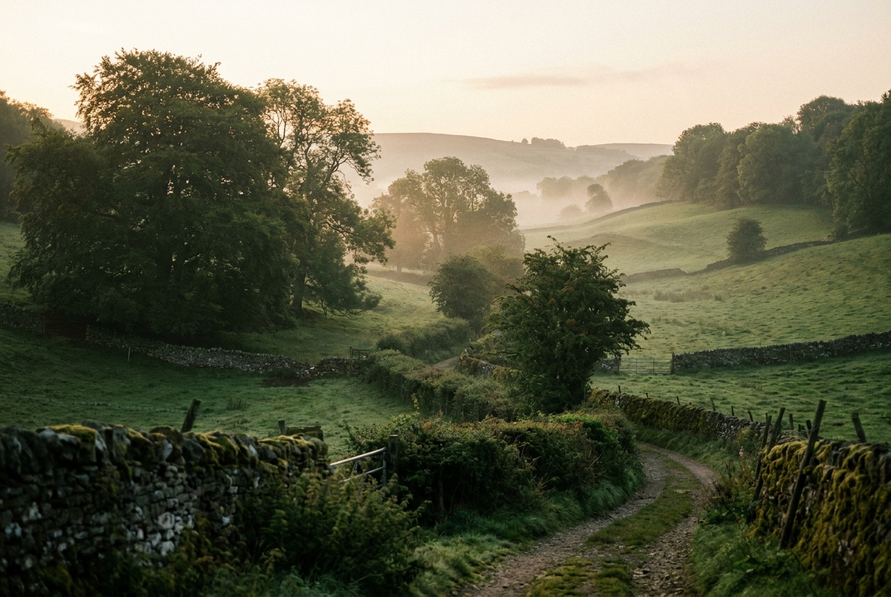 Misty golden-hour English countryside