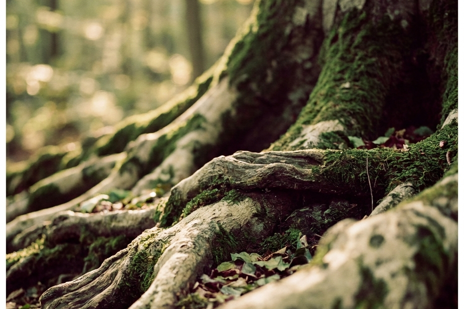 Mossy tree roots spreading through warm forest light